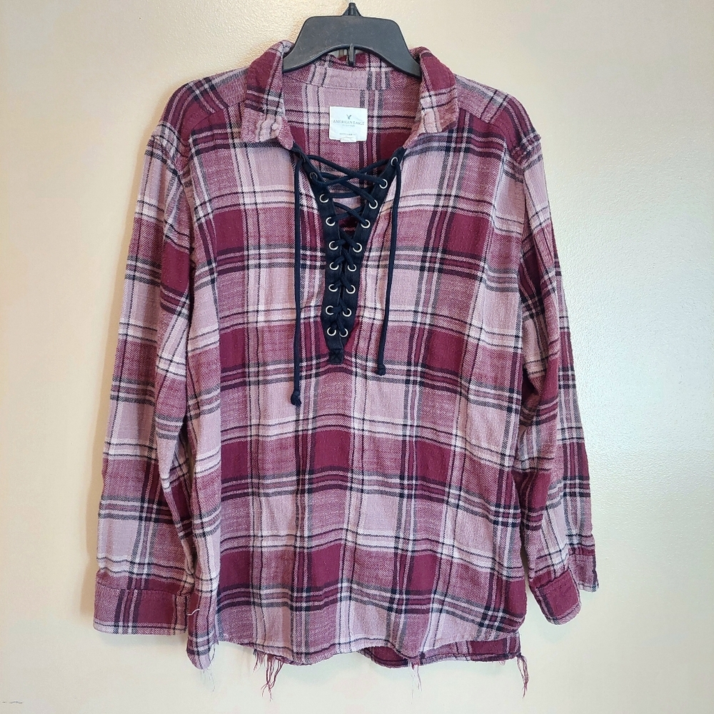 AE Burgundy Plaid Lace-Up Flannel Distressed Hem Cozy Fall Top XL